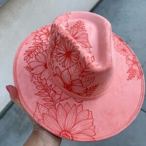 Coral pink floral rancher style cowboy hat wide brim
